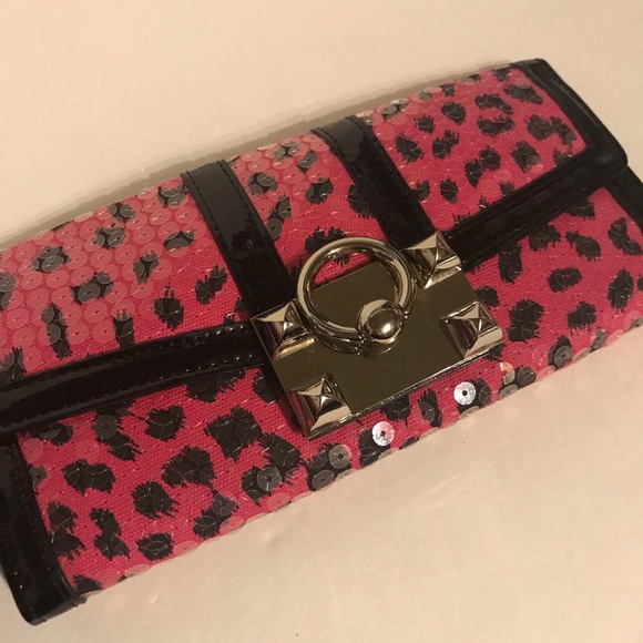 Betsey Johnson Handbags - Betsey Johnson Pink leopard black sequin wallet clutch cocktail club vintage nwt
